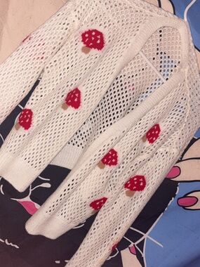 SHEIN White Open-Knit Cardigan with Red Mushroom Embroidery